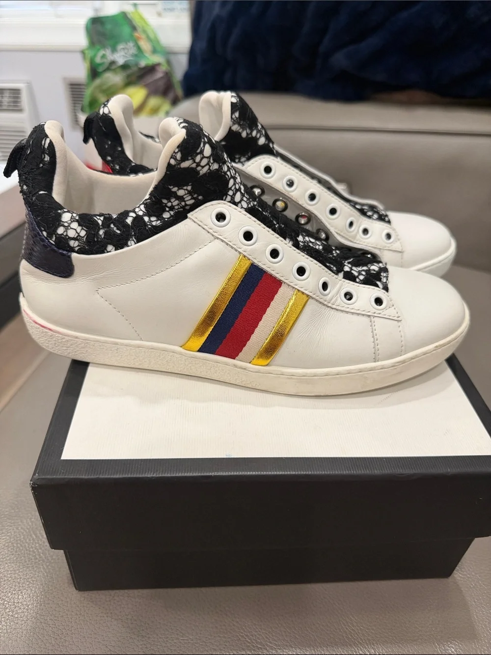 Gucci White Sneakers with Red, Blue & Gold Stripes and Black Lace Collar